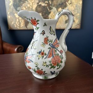 Vintage Victorian cream pitcher with dragonflies and butterfly theme.11 in tall.